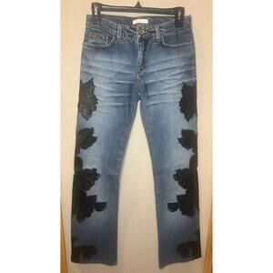 Vintage Roberto Cavalli Denim Jeans With Leather Rose Cut Outs Rare Size XS
